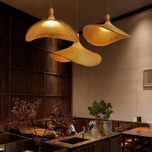 Vista 2 de Lámpara colgante de bambú, lámpara de nido de pájaro artístico, sombrero, luz colgante de techo con cable ajustable para sala de estar, comedor, bar
