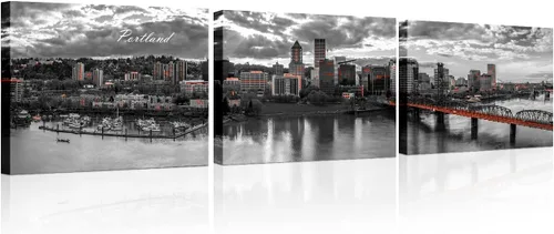 Vista 64 de 3 paneles de Atlanta Skyline vista de la ciudad en blanco y negro, imágenes panorámicas de edificio de ciudad, decoración de pared para sala