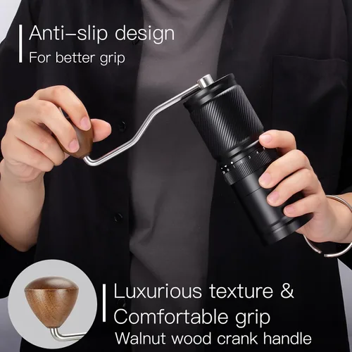 Vista 4 de Molinillo de café manual con ajuste numérico externo ajustable, capacidad 1.06 oz con rebabas cónicas de acero inoxidable CNC (negro)