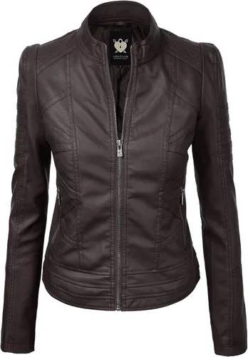 Vista 8 de Lock and Love Chaqueta Abrigo de Moto Motociclista de Piel Sintética para Mujer con Capucha Extraíble o No Extraíble Wjc1044_negro