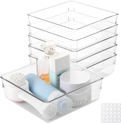 Vista 8 de 6 bandejas organizadoras de cajones de plástico transparente de 6 x 3 pulgadas con 25 almohadillas antideslizantes para maquillaje, joyas