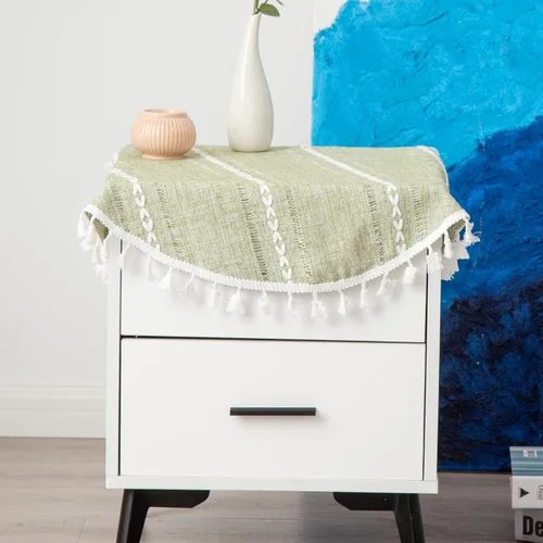 Vista 8 de Mantel Redondo Pequeño de Lino Rústico para Mesita de Noche con Rayas Bordadas Lavable Azul Cubierta de Mesa Estilo Granja con Puntadas y Borlas