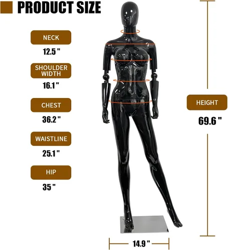Vista 8 de Maniquí femenino negro brillante de 70 pulgadas con brazos ajustables, forma de vestido de cuerpo completo con base de metal para exhibición