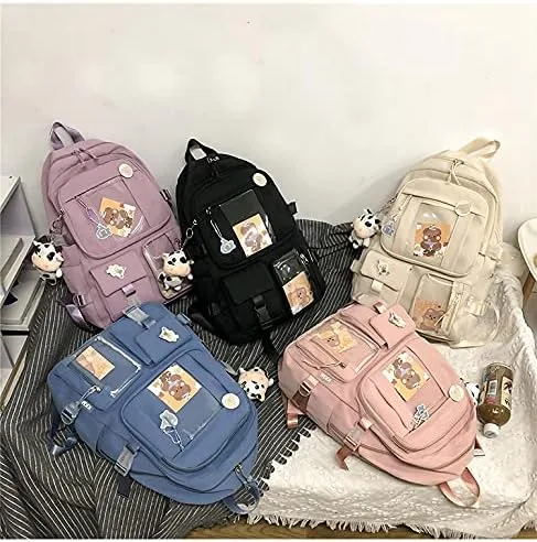 Vista 5 de Linda mochila con bonito oso de peluche accesorios de gran capacidad bolsas escolares estéticas para niñas y adolescentes Negro 1 talla única Lindo