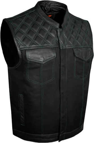Vista 7 de GARGOYLE BELLS Chaleco de moto de mezclilla y cuero para hombre con bolsillos para pistola SOA Biker Club Chaleco con acolchado de diamante