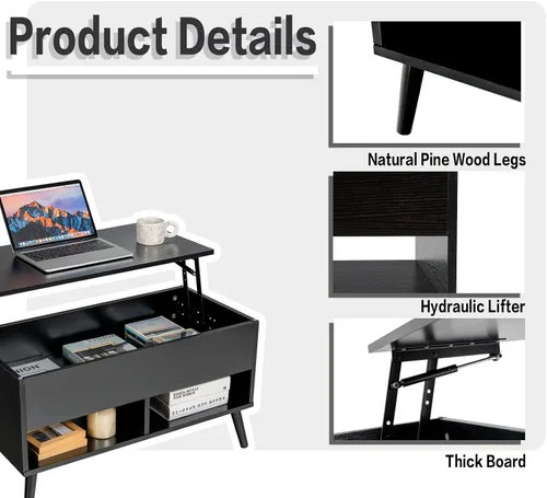 Vista 8 de Tangkula Mesa de centro elevable, mesa de comedor de madera con almacenamiento oculto y 2 estantes abiertos, dispositivo de elevación hidráulica
