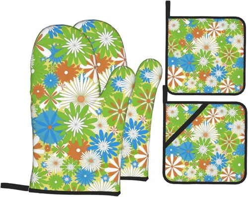 Vista 8 de Juego de 4 guantes de horno y soportes para ollas florales de los años 70, resistentes al calor, para cocina, hornear, asar a la parrilla, barbacoa