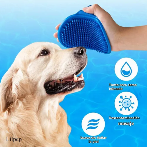 Vista 3 de Cepillo para aseo de perros, cepillo de baño con champú para mascotas Lilpep, masaje relajante, peine de goma con mango de anillo ajustable para Azul