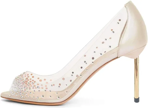 Vista 2 de FSJ Zapatos de tacón transparente, puntiagudos, con incrustaciones, para mujer, tacón alto con lazo, tallas estadounidenses 4 a 15 M