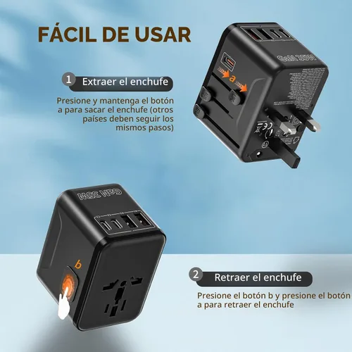 Vista 4 de CC Store Adaptador de viaje universal con 3 puertos USB-C y 2 USB-A 35W Negro Naranja-35W