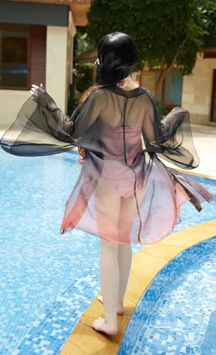 Vista 3 de Haikyuu Traje de baño de anime para mujer, salida de baño con frente abierto, kimono, cárdigan, bikini, traje de baño para playa