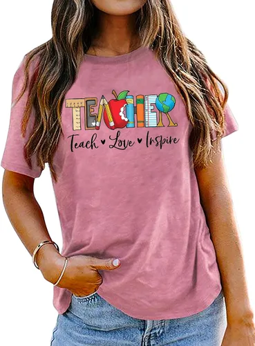 Vista 20 de Camisetas para profesores de ABCD para mujer, camiseta de manga corta para B-Negro
