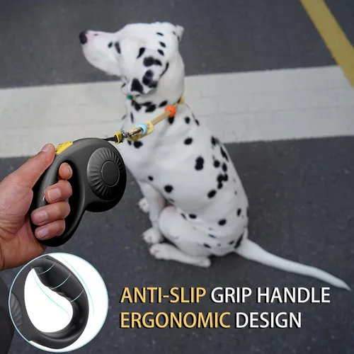 Vista 6 de JSXD Correa retráctil para perro de 360° sin enredos con freno con una sola mano, pausa, bloqueo, cinta de nailon resistente de 10 pies para Negro