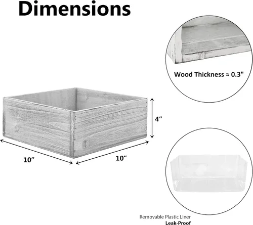 Vista 2 de CYS EXCEL Maceta cuadrada de madera blanca con forro de plástico extraíble (H: 4 pulgadas de apertura: 10 x 10 pulgadas) Múltiples opciones