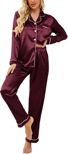 Vista 20 de Ekouaer - Conjunto de pijama de satén de seda clásico con botones para mujer, de manga larga Verde militar