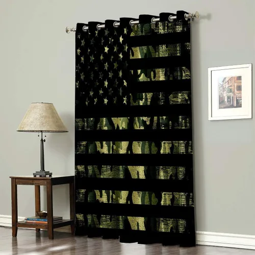 Vista 5 de Cortinas opacas con diseño militar de camuflaje verde rústico, con bandera estadounidense, cortinas opacas con aislamiento térmico para ventana, 1