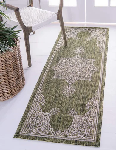 Vista 18 de Unique Loom Alfombra de la colección tradicional para exteriores, antigua (4 pies 1 pulgada, redonda, verde azulado/gris)