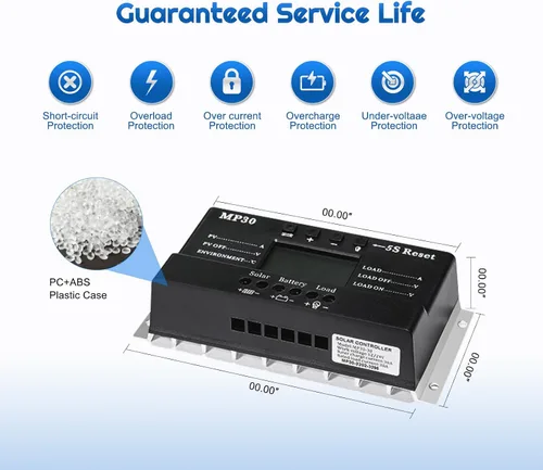 Vista 2 de Controlador de carga solar de 30 A, 12 V/24 V PWM, controlador de carga solar negativa, regulador de panel solar con función de sensor
