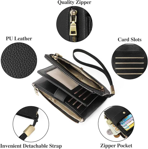 Vista 3 de SENDEFN Cartera pequeña para mujeres de cuero con bloqueo RFID, cartera de muñeca, tarjetero con doble cremallera, monedero, cartera bifold