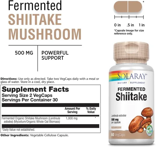 Vista 3 de SOLARAY Fermented Shiitake Mushroom 500mg Healthy Immune, Liver & Digestive Function Support Non-GMO & Vegan 60 VegCaps