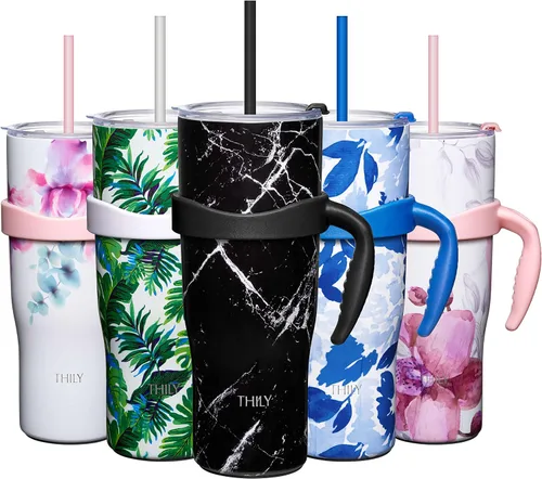 Vista 11 de THILY Vaso de 40 onzas de acero inoxidable con asa - Taza de viaje con aislamiento al vacío, tapa a prueba de salpicaduras y a prueba de fugas, 2