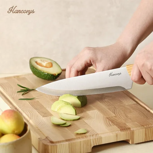 Vista 4 de Juego de cuchillos de cocina con afilador, juego de cuchillos de acero inoxidable alemán dorado con bloque y mango ergonómico de grano de madera