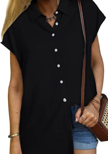 Vista 3 de Blusas de trabajo para mujer, manga casquillo, con botones, cuello en V, casual, para negocios, lisas, básicas, de verano