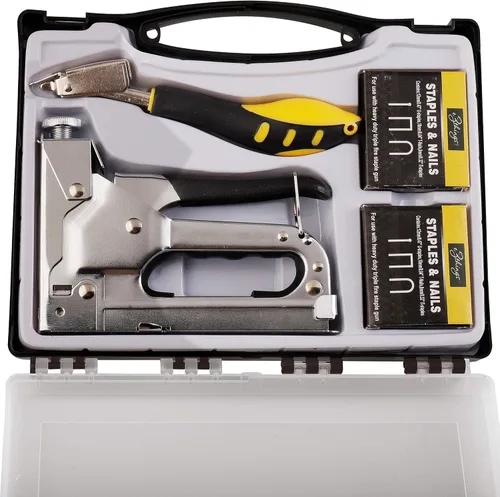 Vista 4 de eZthings® Juego de herramientas de grapadora profesional de grapadora, kit 3 en 1 de alta resistencia con 2400 grapas, acero para clavos