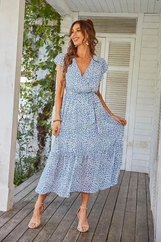 Vista 6 de PRETTYGARDEN - Vestido floral para mujer estilo bohemio, cruzado, con cuello en V, manga corta, con cinturón, dobladillo con volantes, acampanado
