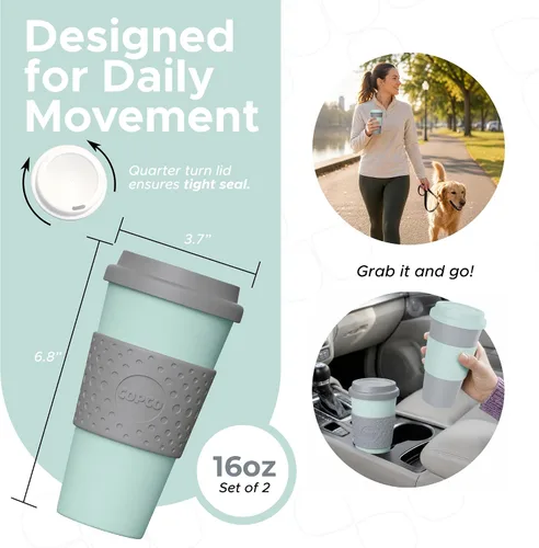 Vista 2 de Copco Acadia - Taza de viaje de 16 onzas con tapa, juego de 2 vasos aislados de doble pared, funda antideslizante y sin BPA, apta para microondas