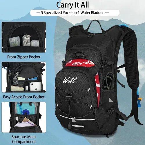 Vista 2 de WOLT Mochila de hidratación 18L para senderismo, mochila de agua con bolsa de agua de 2L para hombres y mujeres, paquete de hidratación para correr