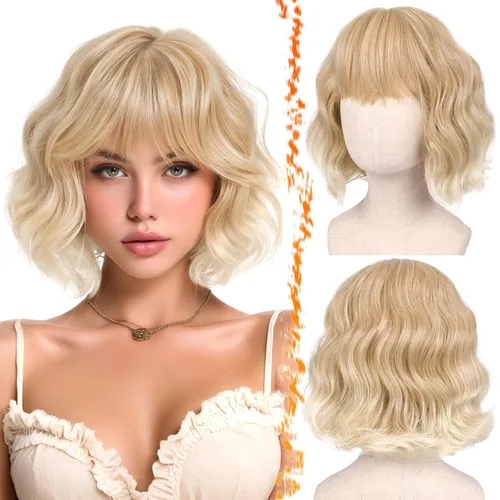 Vista 15 de BARSDAR Peluca corta ondulada con reflejos castaño, peluca corta ondulada con flequillo para mujer, gruesa, suave, sintética, texturizada, rizada