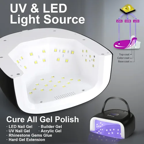 Vista 4 de Linssy - Lámpara de uñas UV inalámbrica, luz UV de 60 W para uñas de gel con 4 ajustes de tiempo, lámpara de uñas recargable con 42 cuentas para un