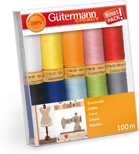 Vista 7 de Gütermann 731149-1 Juego de hilos de algodón natural 100 m x 10 carretes, multicolor, surtido