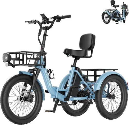 Vista 10 de MOONCOOL Triciclo eléctrico plegable para adultos, E-Trike de aluminio de 20 pulgadas con función de marcha atrás y opciones de largo alcance, Plata