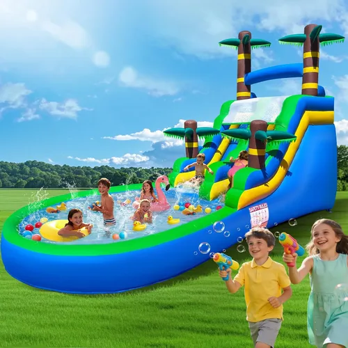 Vista 8 de Tobogán acuático inflable para adultos, tobogán acuático 100% de PVC de 21 pies con piscina grande, tobogán ancho con piscina poco profunda