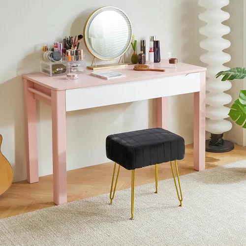 Vista 7 de IBUYKE Reposapiés de terciopelo rectangular, otomano, silla de tocador de maquillaje, mesa auxiliar, asiento de mesa de tocador, puf para sofá, Negro