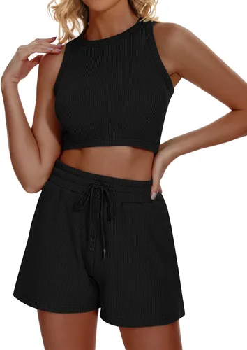 Vista 3 de Funlingo Conjunto de pijama de 2 piezas para mujer, de punto gofre, sin mangas, de verano, 2023