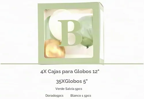 Vista 2 de luckylibra Decoraciones de baby shower verde salvia, cajas de globos transparentes B - A - B - Y y 35 globos