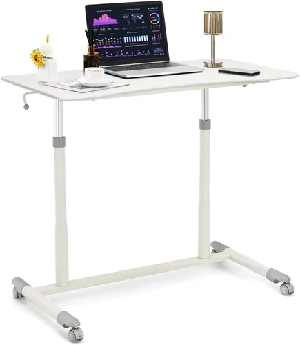 Vista 11 de COSTWAY Escritorio móvil de pie ajustable en altura, escritorio neumático compacto para computadora sentado a pie con ruedas bloqueables, mesa
