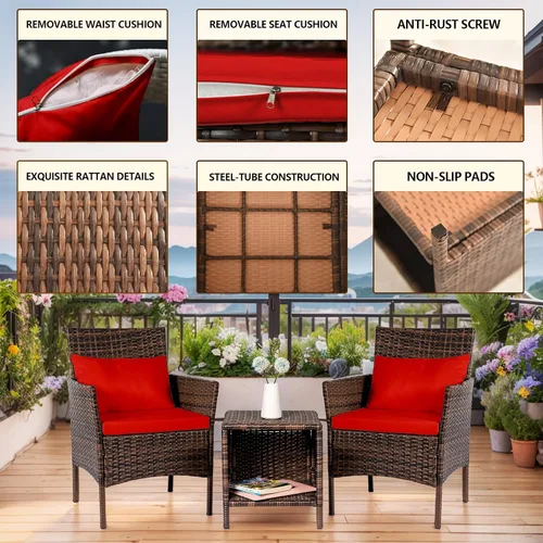 Vista 2 de Tappio Juego de 3 piezas para conversación de patio, muebles de porche y balcón, muebles de chat al aire libre, sillas de mimbre y mesa almacenable
