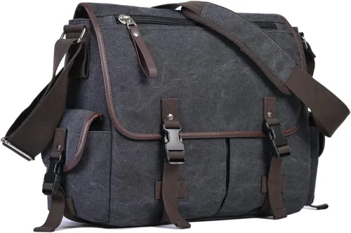 Vista 8 de Bolsa de mensajero vintage de lona para laptop de 15.6 pulgadas para hombres y mujeres, bolsa de hombro para computadora universitaria, maletines