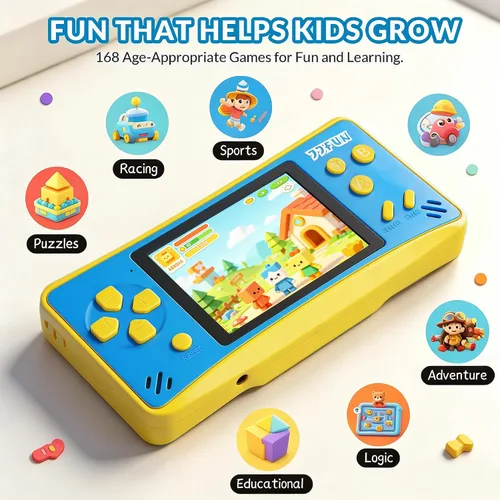 Vista 4 de JJFUN Consola de juegos portátil para niños: pantalla de 3.2 pulgadas, 168 juegos clásicos integrados, Plug & Play en la televisión, recargable,