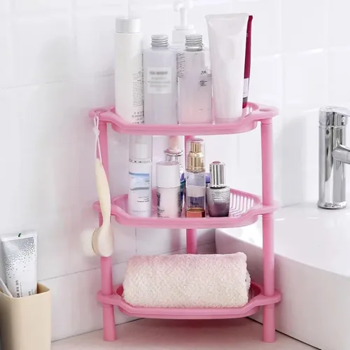 Vista 3 de Organizador de ducha de 3 niveles, estante esquinero de plástico rosa, estante de escritorio multifuncional hueco para escritorio, organizador