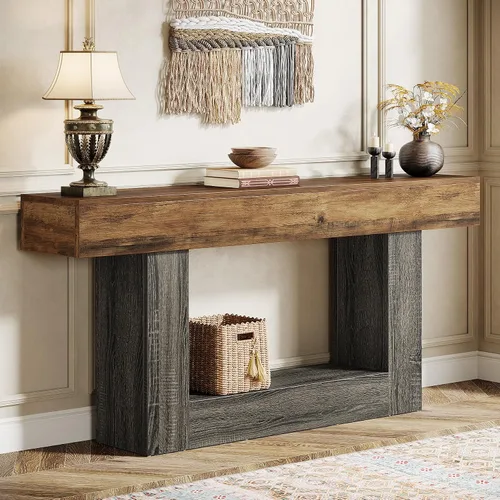 Vista 15 de Tribesigns Mesa consola de 63 pulgadas, mesa de entrada de 2 niveles con base en forma de U, mesa de sofá estrecha y larga de madera detrás del sofá