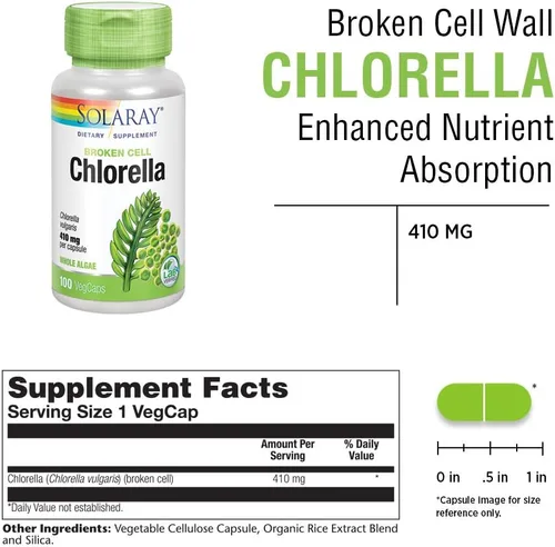 Vista 2 de SOLARAY Broken Cell Chlorella 410 mg Superalimento rico en nutrientes con proteínas de origen natural, vitaminas, minerales, clorofila Sin OMG