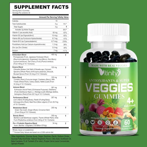 Vista 2 de VITINITY Super Greens - Gomitas multivitamínicas Hechas con 30 superalimentos reales, verduras, hierbas, frutas para adultos y niños para aumentar