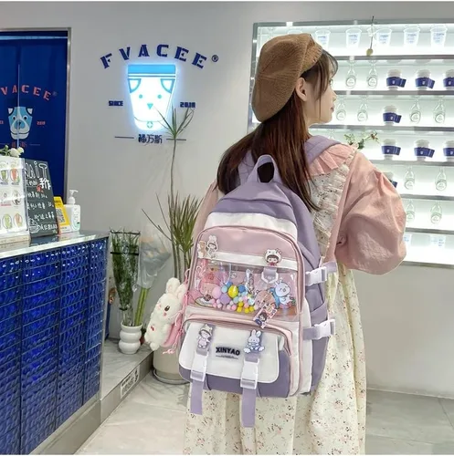 Vista 7 de MBVBN Mochila Kawaii con bonito colgante de felpa con tarjeta Kawaii mochila escolar linda mochila estética para niñas adolescentes suministros