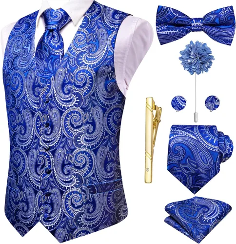 Vista 22 de Hi-Tie Chaleco de traje de seda para hombre, corbata y corbatín de solapa, clip de corbata dorado, chaleco floral de cachemira, 8 piezas, conjunto