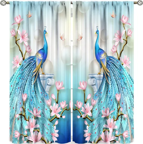 Vista 16 de Cortinas opacas de pavo real, hermoso patrón de estampado de flores de pavo real azul, estampado de mariposas y pavo real, juego de 2 paneles
